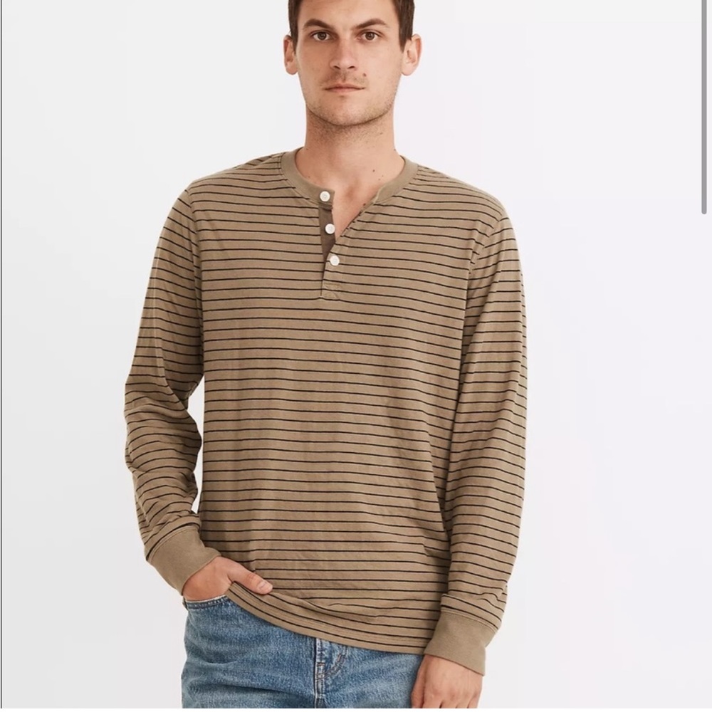 Madewell Tan Striped Long Sleeve Henley Shirt